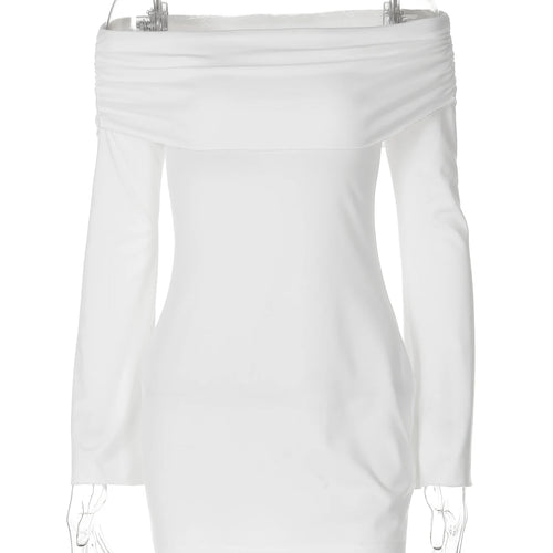 Load image into Gallery viewer, Elegant Solid Slash Neck Long Sleeve Ruched Sexy Bodycon Mini Dress Fall Women Casual Clothes Birthday Party Vacation
