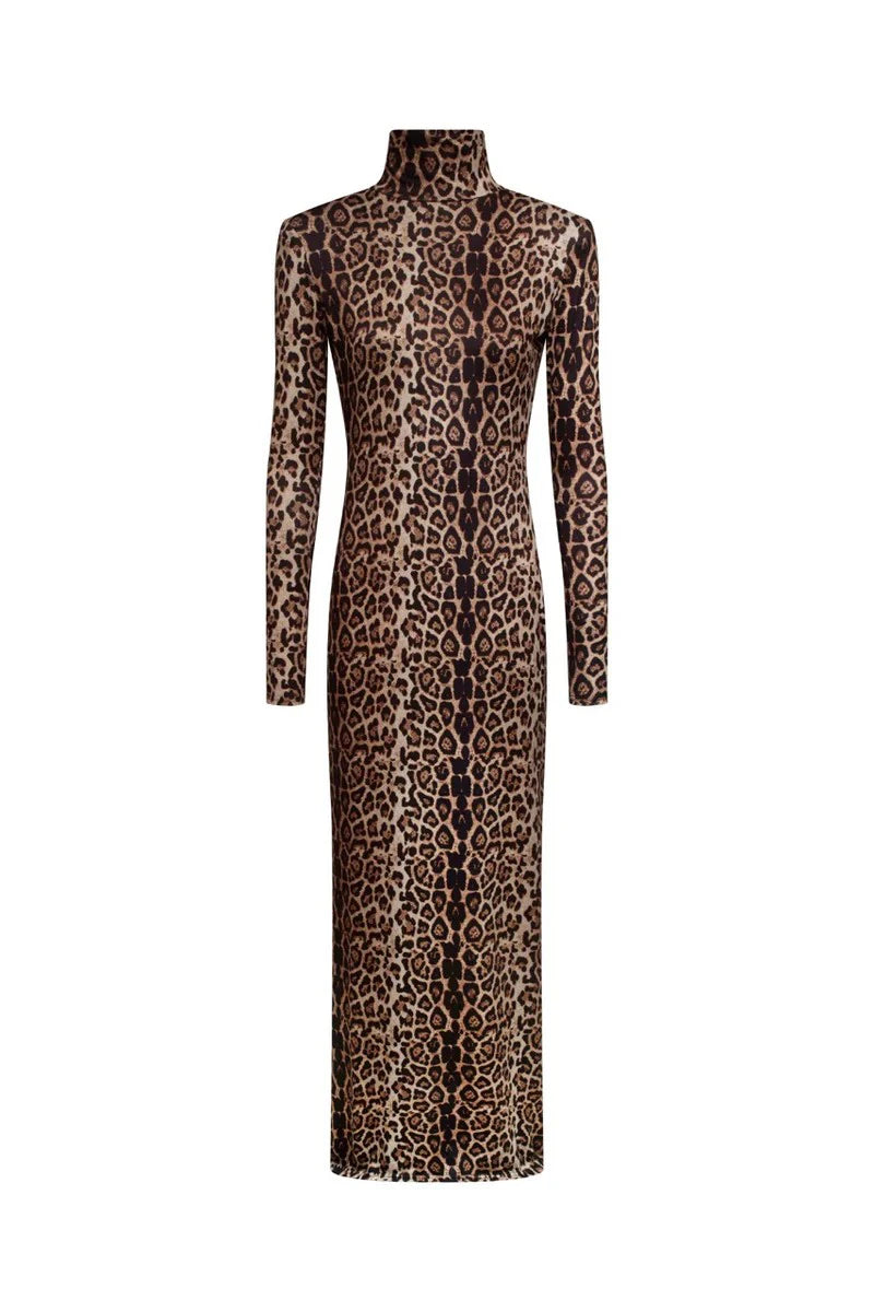 Leopard Print Long Sleeve Sexy Maxi Dress For Women Autumn Winter Fashion Elegant Turtleneck Printed Bodycon Long Dress