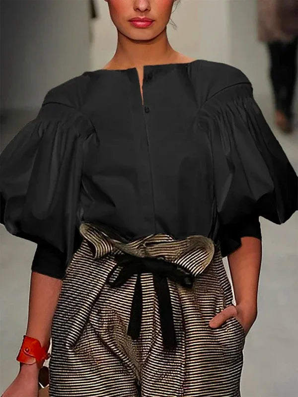 Summer Fashion Black White Puff Sleeves Blouses Shirts 2025 New Sample Daily Womens Elegant Casual Shirts Tops