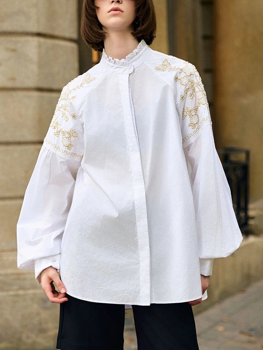 Solid Embroidery High Street Blouse For Women O Neck Long Sleeve Spliced ButtonTemperament Loose Shirts Female New