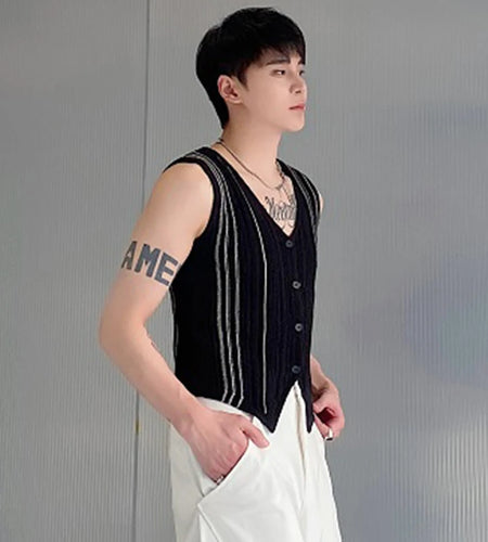 Men's Knitting Vest Korean Fashion Contrast Color Button Cardigan Slim Simple Male Sleeveless Knit Tops Spring New 9C4963