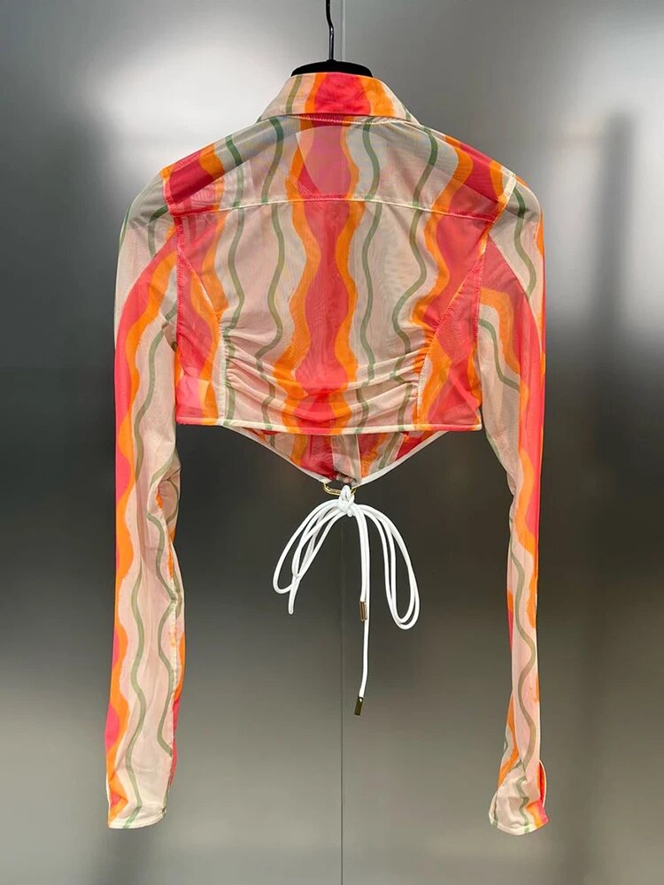 Hit Color Printing Chiffon Shirts For Women Lapel Long Sleeve Spliced Drawstring Blouse Female Fashion Clothing
