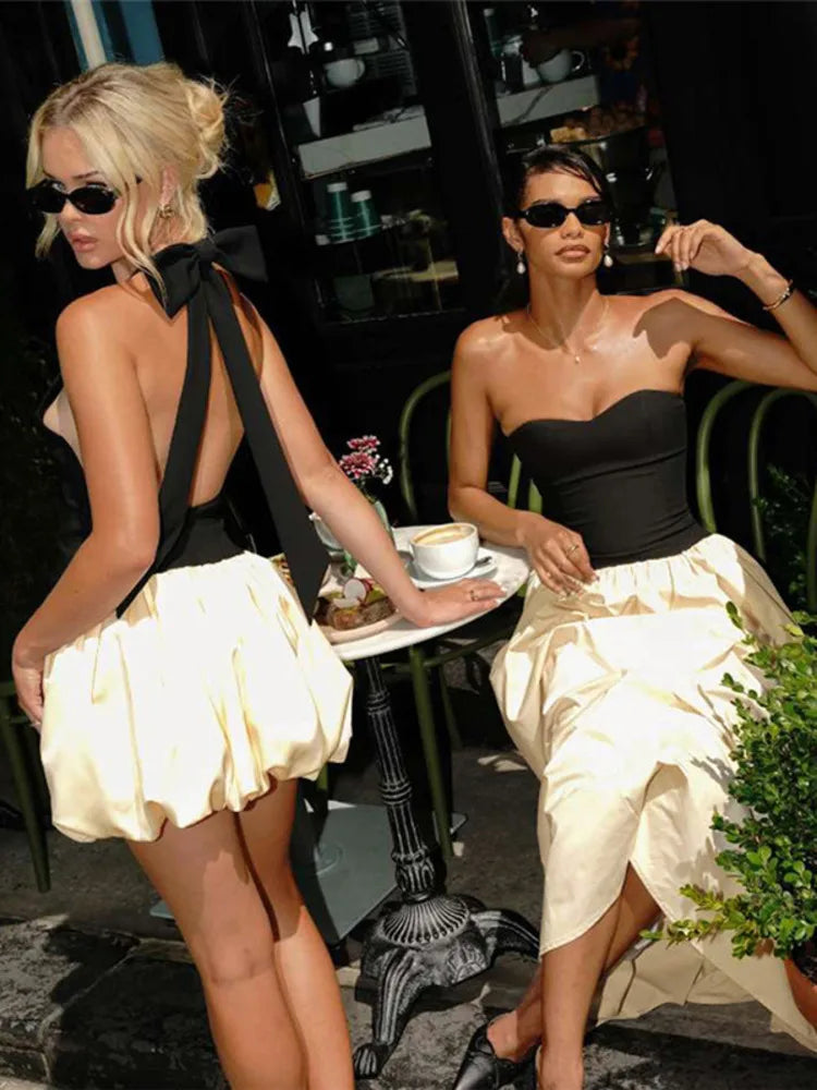 Patchwork Off-shoulder Sexy Maxi Dress For Women Contrasting Color Strapless Sleeveless Backless Lace-up Sexy Dress