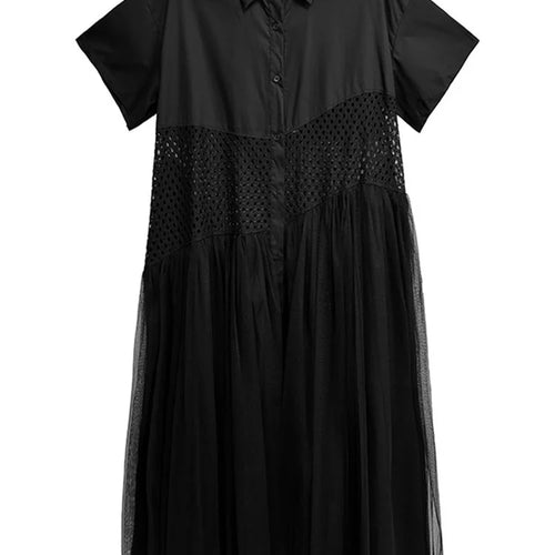 Load image into Gallery viewer, Women White Mesh Color-block Big Size Midi Shirt Dress New Lapel Short Sleeve Fashion Tide Spring Summer 2025 1DJ0045
