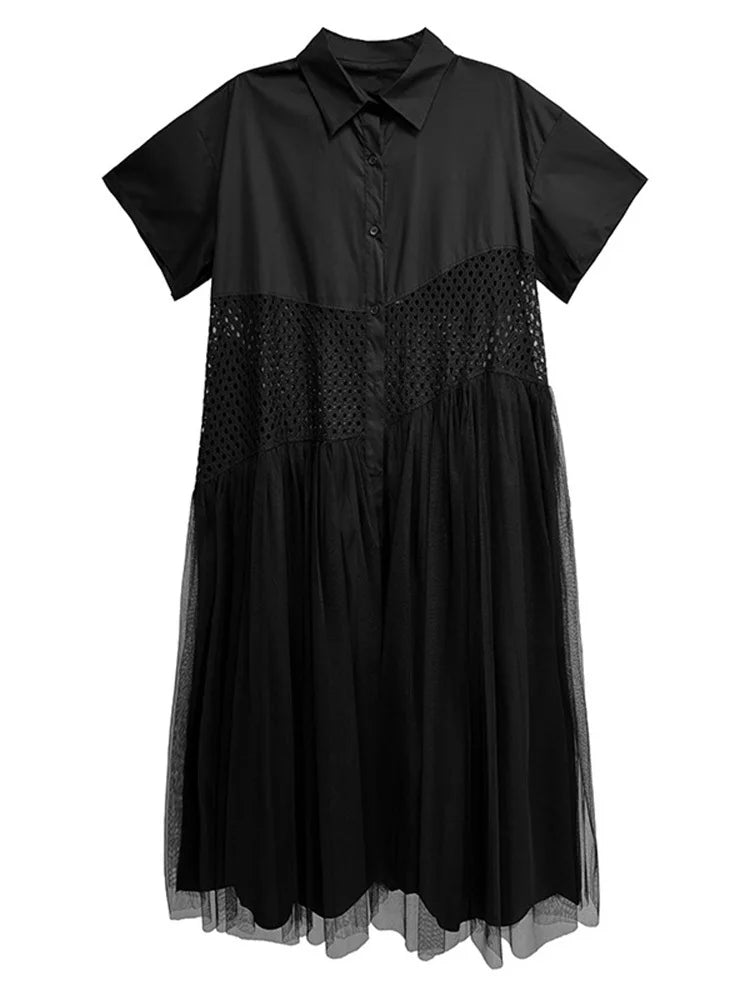 Women White Mesh Color-block Big Size Midi Shirt Dress New Lapel Short Sleeve Fashion Tide Spring Summer 2025 1DJ0045