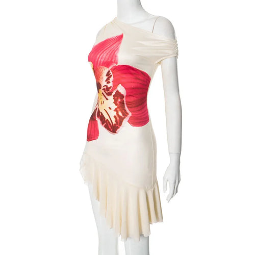 Load image into Gallery viewer, Skew Collar Ruffled Print Sexy Mini Dress For Women Off-shoulder Sleeveless Backless High Waist Printed Dress Vestido
