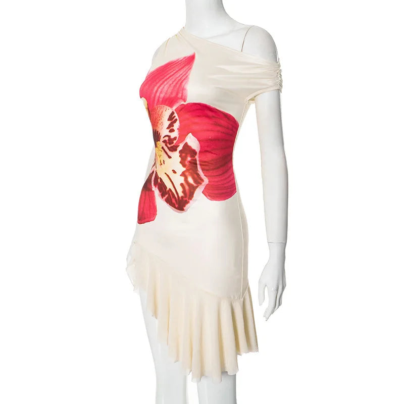 Skew Collar Ruffled Print Sexy Mini Dress For Women Off-shoulder Sleeveless Backless High Waist Printed Dress Vestido