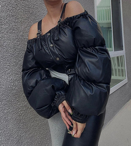 Streetwear Fashion Bubble Parka Coat Short Off Shoulder Buckle Buttons Winter Jacket Women Design Puffer Overcoat New