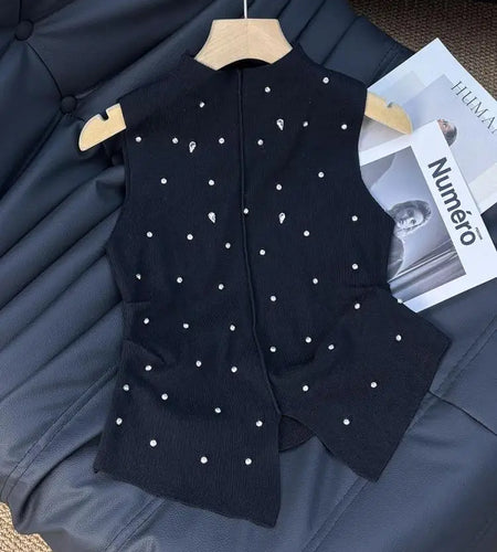 Korean Women Solid Diamond Round Neck Sleeveless Split Vest Summer Elegant Holiday Short Tank Tops Popular Versatile Streetwear