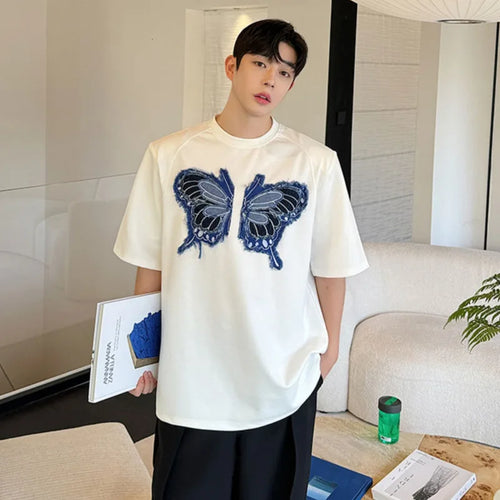 Load image into Gallery viewer, Korean Style Male T-shirts Loose Denim Butterfly Patchwork Tees Round Neck Short Sleeve Men&#39;s Tops Chic Summer 9C6371
