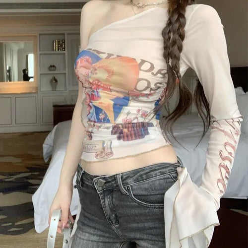 Load image into Gallery viewer, Sexy Shirt for Women Y2k Gauze T Shirts 2024 Ropa Mujer Crop Tops Long Sleeve Tunic Gauze Tshirt Casual Chic Print Summer Tees
