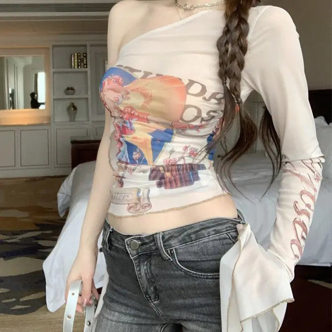 Sexy Shirt for Women Y2k Gauze T Shirts 2024 Ropa Mujer Crop Tops Long Sleeve Tunic Gauze Tshirt Casual Chic Print Summer Tees