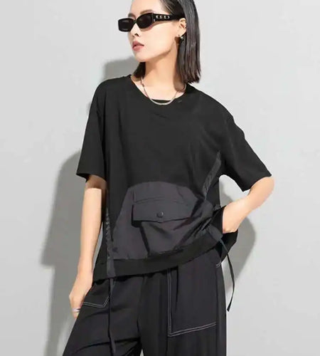 Women Red Color-block Pocket Big Size Casual  T-shirt New Round Neck Short Sleeve Fashion Tide Spring Summer 2025 1DH5953