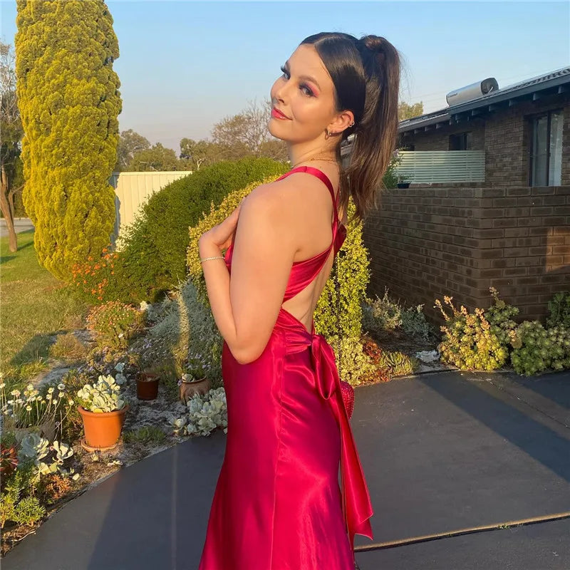 Satin Bow Backless Sexy Maxi Dress For Women Gown Fashion V Neck Sleeveless Club Party Evening Dress Elegant