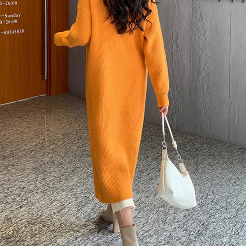 Load image into Gallery viewer, Women Orange Knitting Long Slit Big Size Dress New Turtleneck Long Sleeve Loose Fit Fashion Spring Autumn 2025 1DE5886
