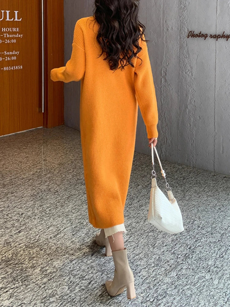 Women Orange Knitting Long Slit Big Size Dress New Turtleneck Long Sleeve Loose Fit Fashion Spring Autumn 2025 1DE5886