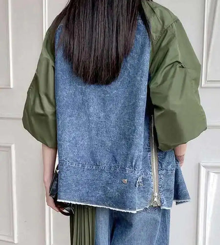 Army Green Color-block Big Size Casual Jacket New Lapel Three-quarter Sleeve Women Coat Fashion Spring Autumn 2025 1DH5212