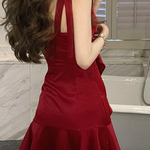 Load image into Gallery viewer, Red Ruffles Strapless High Waist Female Dress Swinging Neck Lace-up Solid Color Summer High Street Sweet Women&#39;s Dresses
