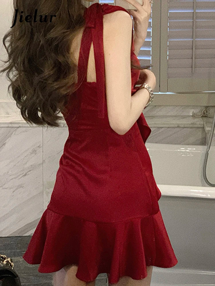 Red Ruffles Strapless High Waist Female Dress Swinging Neck Lace-up Solid Color Summer High Street Sweet Women's Dresses