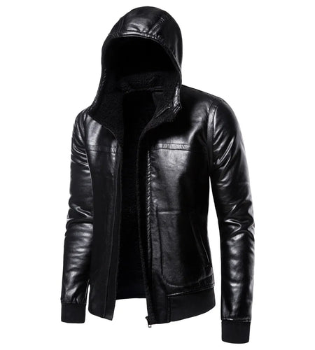 Men's Casual Hooded Slim Fur Coat Men's Slim Solid Color Leather Jacket Men Winter Zipper Patchwork Faux Leather Coats