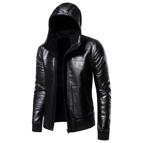 Load image into Gallery viewer, Men&#39;s Casual Hooded Slim Fur Coat Men&#39;s Slim Solid Color Leather Jacket Men Winter Zipper Patchwork Faux Leather Coats
