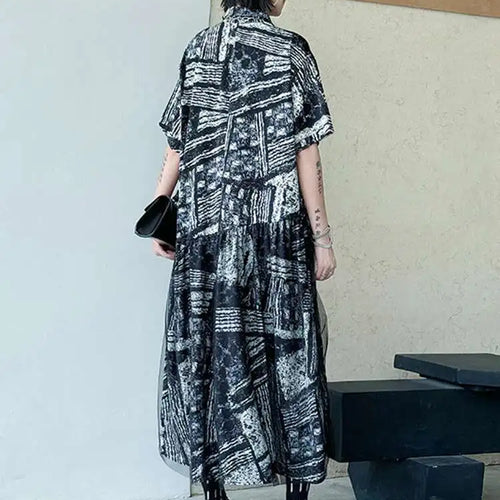 Load image into Gallery viewer, Women Black Pattern Printed Big Size Mesh Midi Shirt Dress New Lapel Short Sleeve Fashion Tide Spring Summer 2025 1DJ0636
