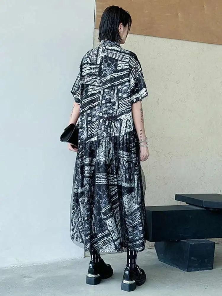 Women Black Pattern Printed Big Size Mesh Midi Shirt Dress New Lapel Short Sleeve Fashion Tide Spring Summer 2025 1DJ0636