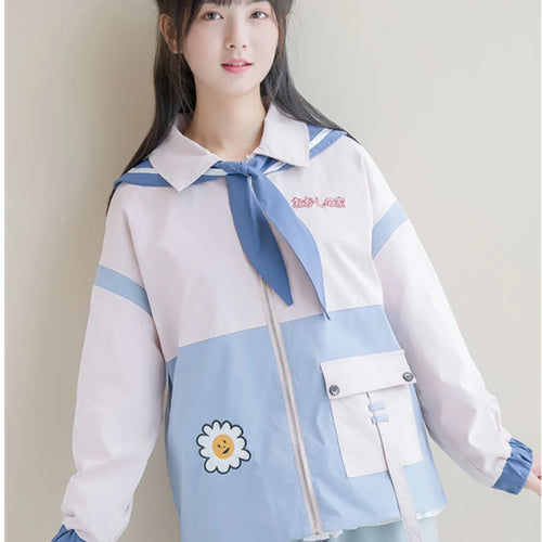 Load image into Gallery viewer, Floral Embroidery Pockets Women Jackets Autumn Loose Sailor Collar Zippers Long Sleeves Cotton Casual Kawaii Coats Outwears
