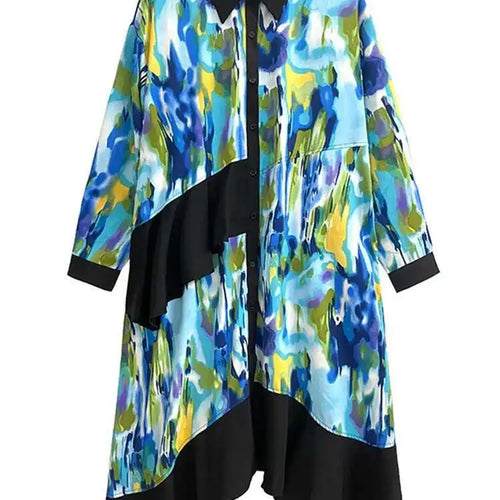 Load image into Gallery viewer, Women Green Pattern Printed Irregular Big Size Shirt Dress New Lapel Long Sleeve Fashion Tide Spring Autumn 2025 1DH4829
