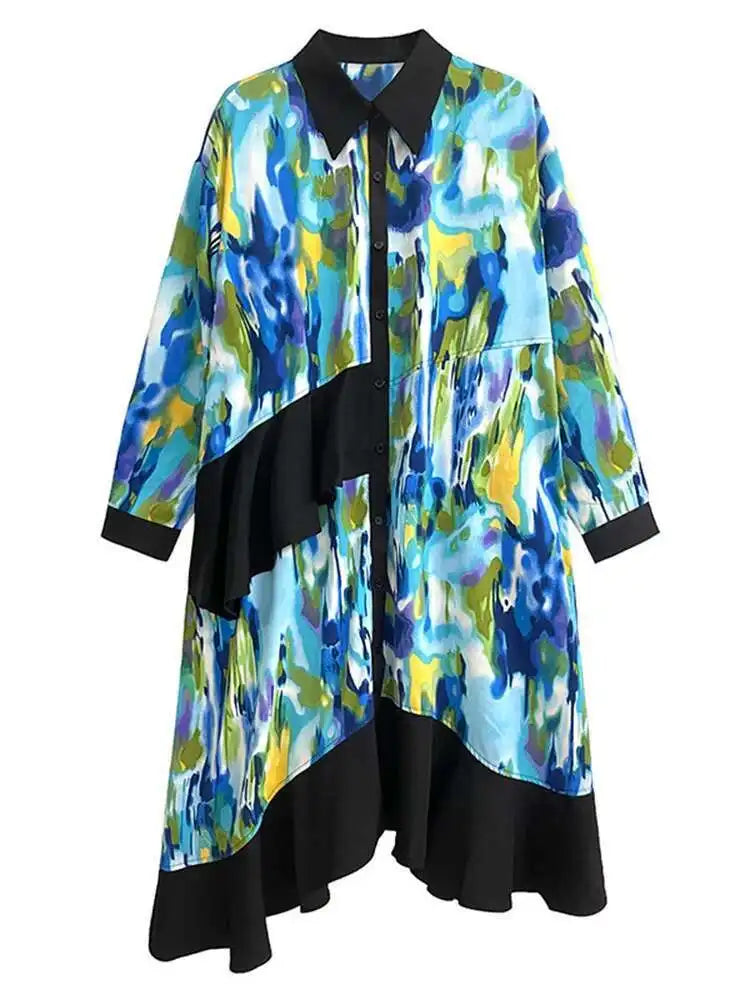 Women Green Pattern Printed Irregular Big Size Shirt Dress New Lapel Long Sleeve Fashion Tide Spring Autumn 2025 1DH4829