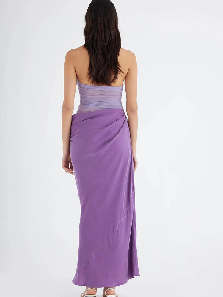 Patchwork Sexy Hollow Out Halter Women Maxi Dress Coffee See Through Evening Dress Spring Slim Elegant Party Clubwear