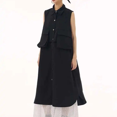 Load image into Gallery viewer, Women Black Shaped Pockets Big Size Midi Shirt Vest Dress New Lapel Sleeveless Fashion Tide Spring Autumn 2025 1DH9471
