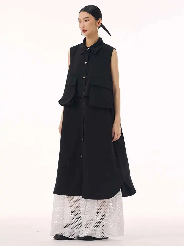 Women Black Shaped Pockets Big Size Midi Shirt Vest Dress New Lapel Sleeveless Fashion Tide Spring Autumn 2025 1DH9471