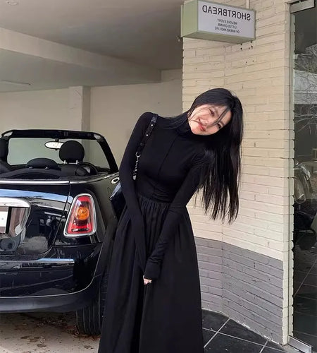 Women's New French Vintage Black Slim Temperament High-grade Temperament Knit Dress Autumn Winter Elegant Party Long Dress Trend