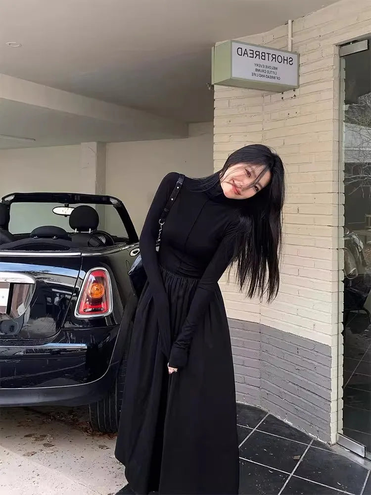 Women's New French Vintage Black Slim Temperament High-grade Temperament Knit Dress Autumn Winter Elegant Party Long Dress Trend