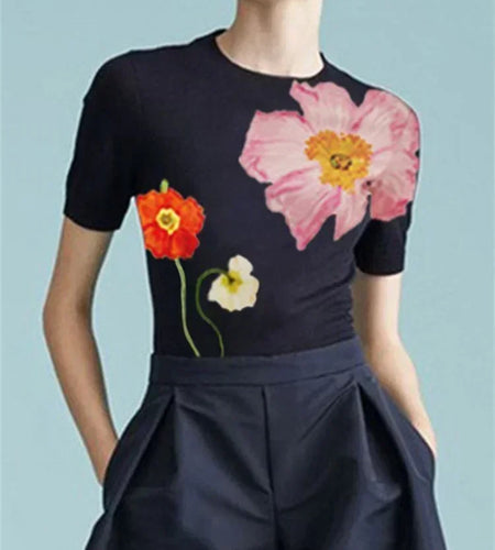 Summer Black T-Shirts For Women Fashion Floral Printed 2025 New Round-neck Vintage Casual Short Sleeves Skinny Tops
