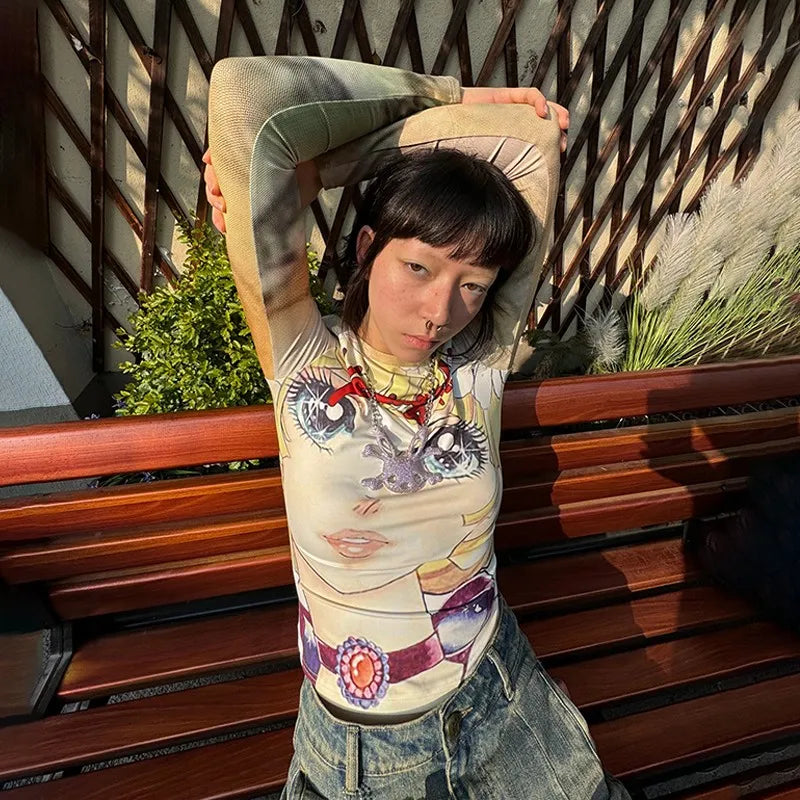 Japanese Y2k Anime Print T-shirt 2000s Aesthetics Long Sleeve Tee Shirt Vintage Harajuku Slim Tops Kawaii Lolita T Shirt