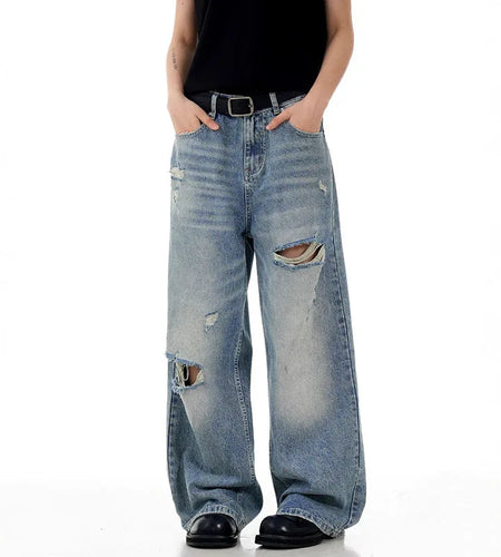 Men's Jeans Cat Whisker Ripped Deisgn Summer Hole Stylish Loose Korean Straight Wide Leg Male Casual Trousers 9W1721