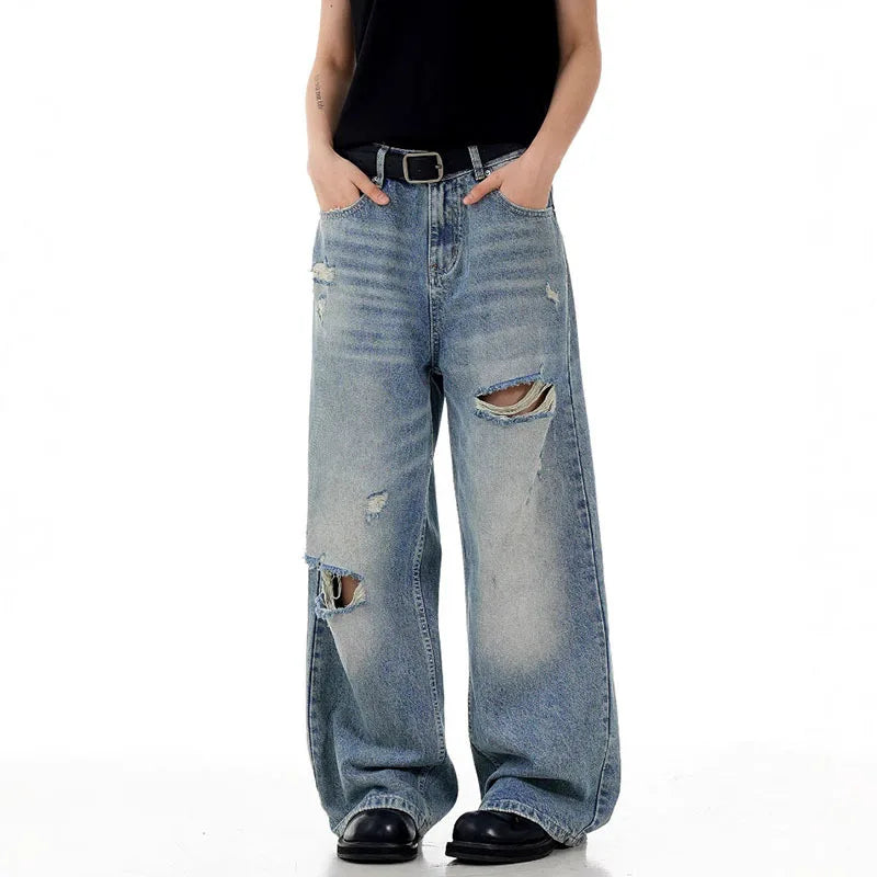 Men's Jeans Cat Whisker Ripped Deisgn Summer Hole Stylish Loose Korean Straight Wide Leg Male Casual Trousers 9W1721