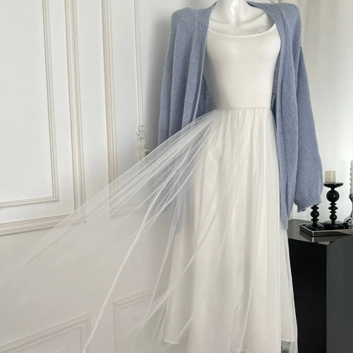 Load image into Gallery viewer, Vintage Autumn 2024 White Mesh Elegant Round Neck Pleated A-line Dress Women High Waist Long Sleeve Backless Dress Casual Simple
