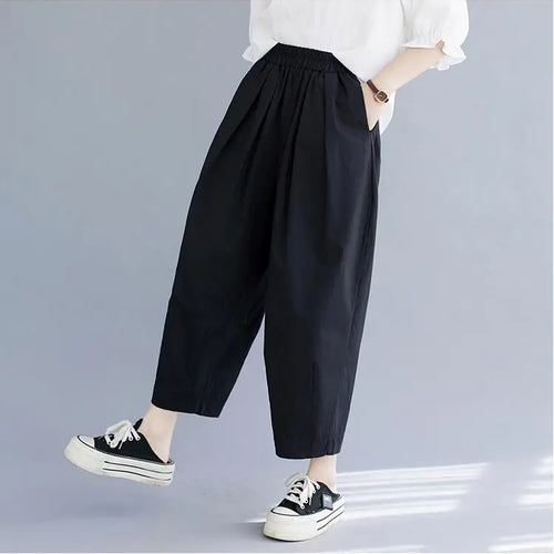 Load image into Gallery viewer, Korean Version Women Summer Black Beige Casual Loose Elastic High Waist Cotton Pocket Ankle-length Harem Pant Brown Oversized
