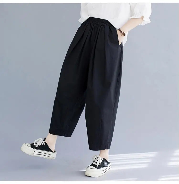 Korean Version Women Summer Black Beige Casual Loose Elastic High Waist Cotton Pocket Ankle-length Harem Pant Brown Oversized