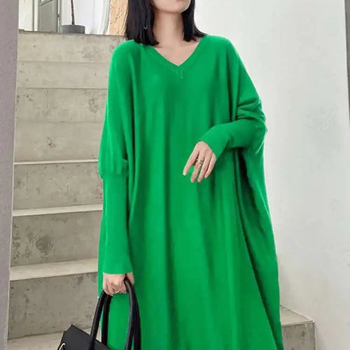 Load image into Gallery viewer, Women Blue Knitting Big Size Mini Dress New V-Neck Long Batwing Sleeve Loose Fit Fashion Tide Spring Autumn 2025 1DF9758
