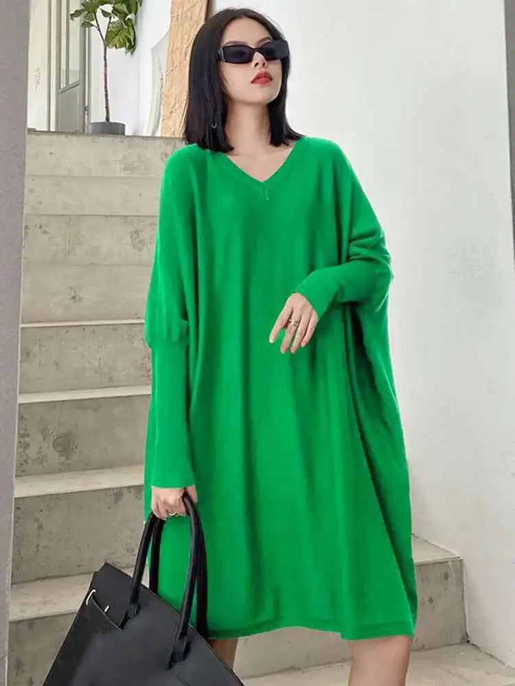 Women Blue Knitting Big Size Mini Dress New V-Neck Long Batwing Sleeve Loose Fit Fashion Tide Spring Autumn 2025 1DF9758