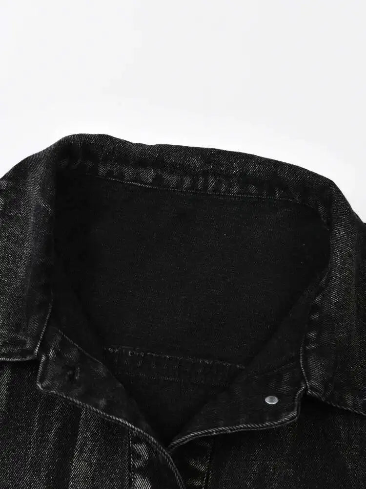 Loose Fit Black Denim Pocket Big Size Casual Jacket New Lapel Long Sleeve Women Coat Fashion Spring Autumn 2025 CPG0026