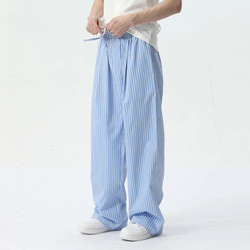 Load image into Gallery viewer, Casual Pants Korean Style Stripe Solid Color Trend Summer Lace-up Elastic Waist Male Wide Leg Trousers 9C5441
