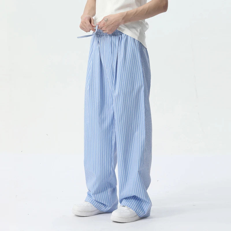 Casual Pants Korean Style Stripe Solid Color Trend Summer Lace-up Elastic Waist Male Wide Leg Trousers 9C5441