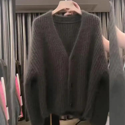 Load image into Gallery viewer, Korean Fashion 2024 New Grey Elegant Long Sleeved Sweater Autumn Winter Women V Neck Single Breasted Cardigan Knitted Tops Trend
