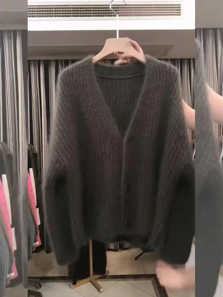 Korean Fashion 2024 New Grey Elegant Long Sleeved Sweater Autumn Winter Women V Neck Single Breasted Cardigan Knitted Tops Trend