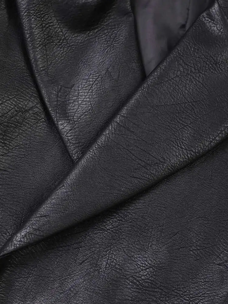 Women Black Pu Leather Big Size Blazer New Lapel Long Sleeve Loose Fit Jacket Fashion Tide Spring Autumn 2025 CPG0476